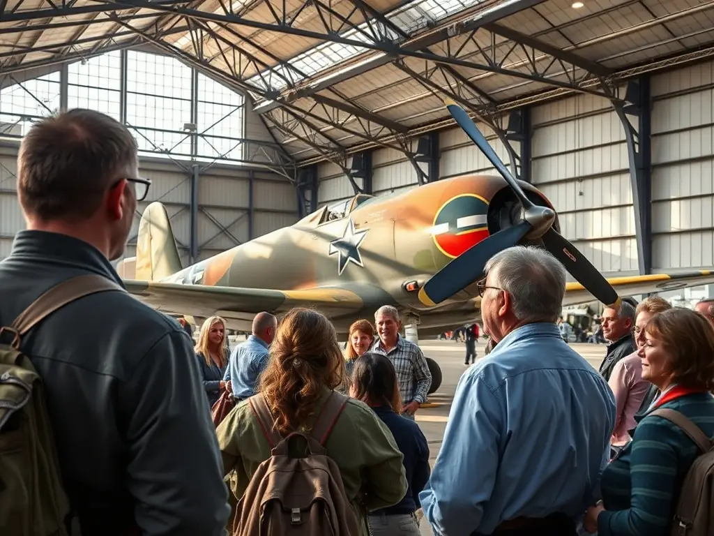 A photograph showcasing a guided tour of a restored military aircraft hangar, with visitors listening attentively to a knowledgeable guide explaining the history and technical specifications of the planes.
