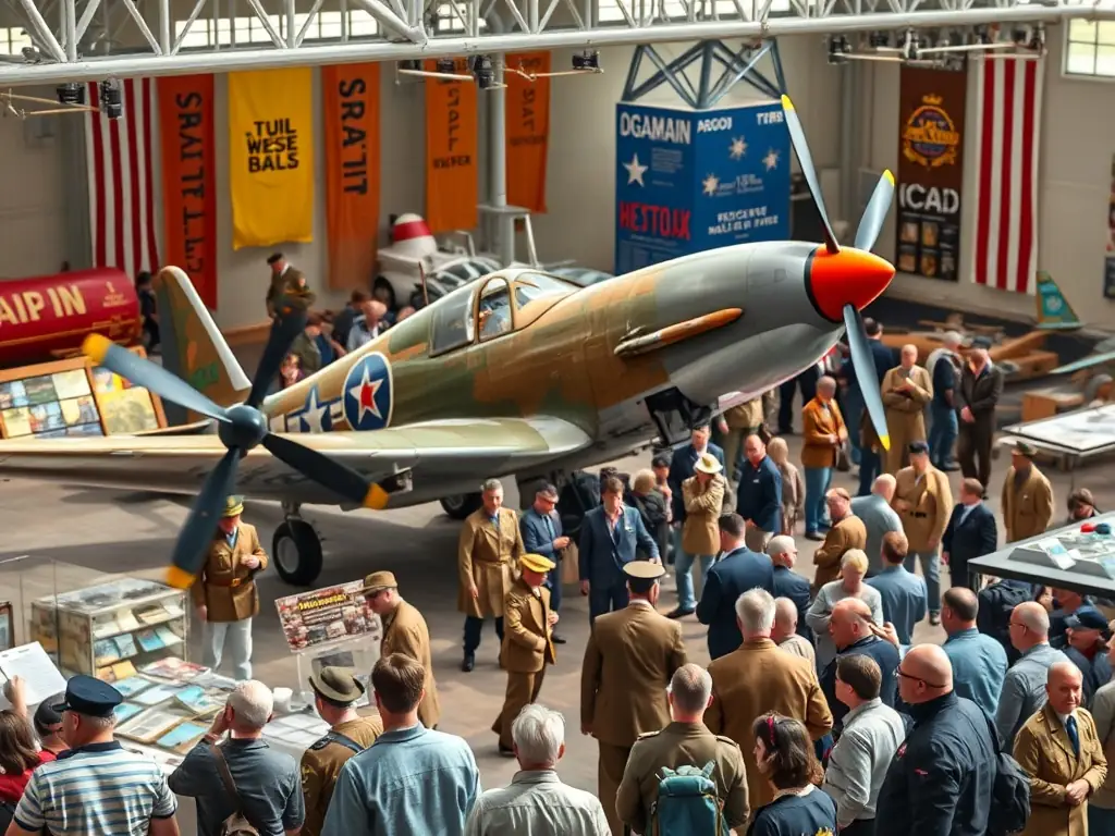A photograph capturing a special event at the aviation museum, featuring a vintage aircraft display, costumed interpreters, and a crowd of enthusiastic attendees, set against a backdrop of historic aviation memorabilia.