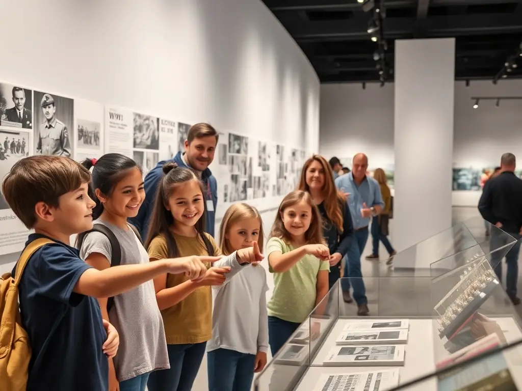 A photograph of a group of people touring an aircraft hangar filled with vintage military airplanes, with a guide explaining the history of one of the planes.