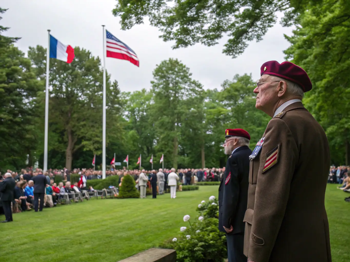 A photograph capturing a commemorative event honoring veterans of the French Air Force, with attendees gathered around a historic aircraft, participating in a ceremony with speeches and a moment of silence.