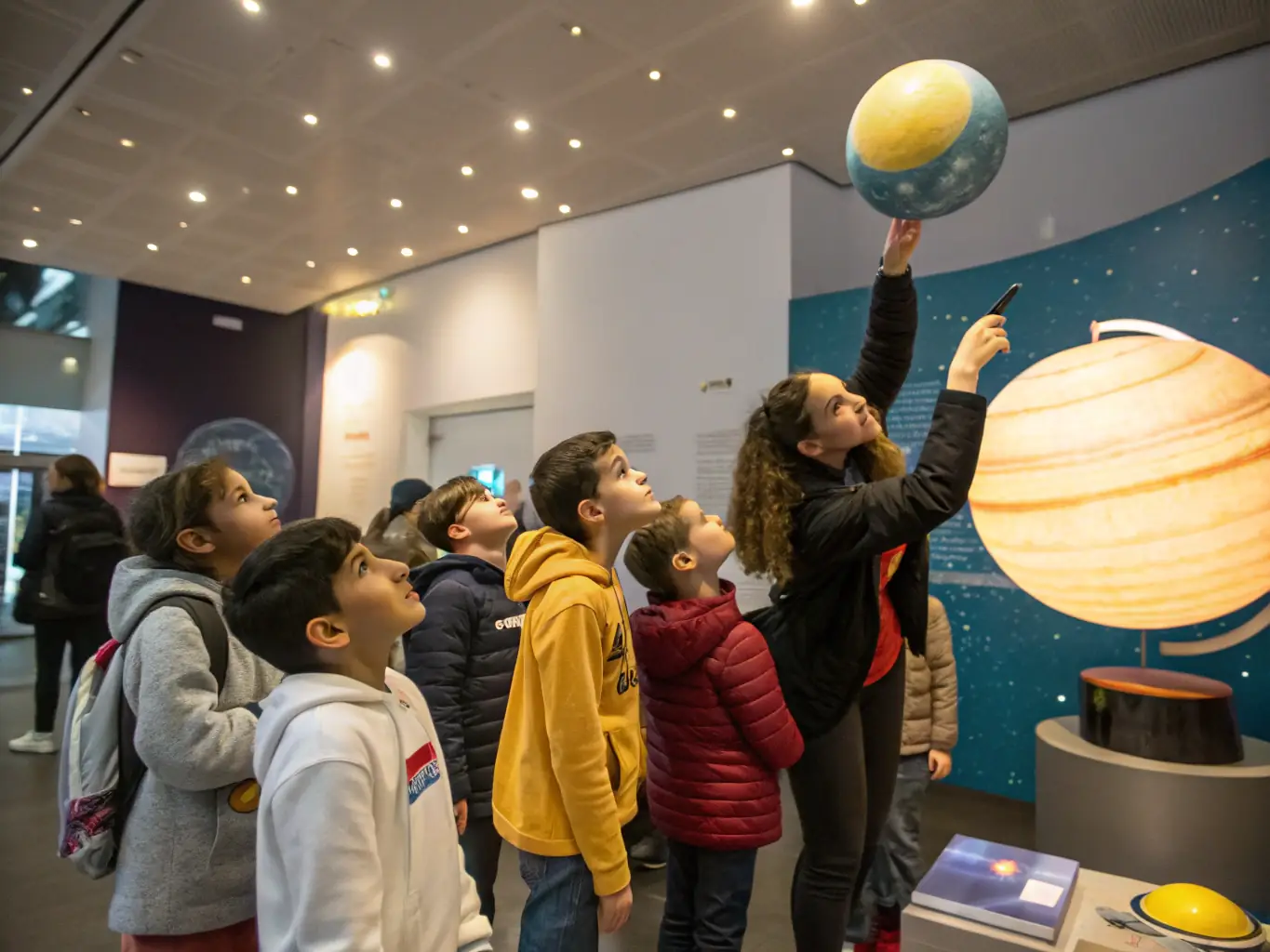 A photograph of a group of children participating in an interactive exhibit about aviation principles, with a facilitator demonstrating a model airplane.