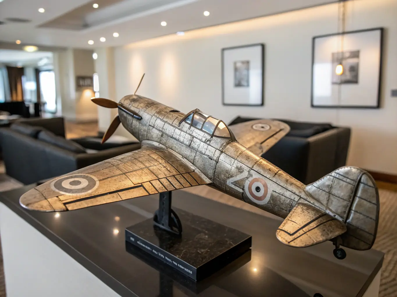A meticulously restored vintage military aircraft on display, surrounded by informational panels and interactive exhibits, capturing the essence of aviation history and preservation efforts.