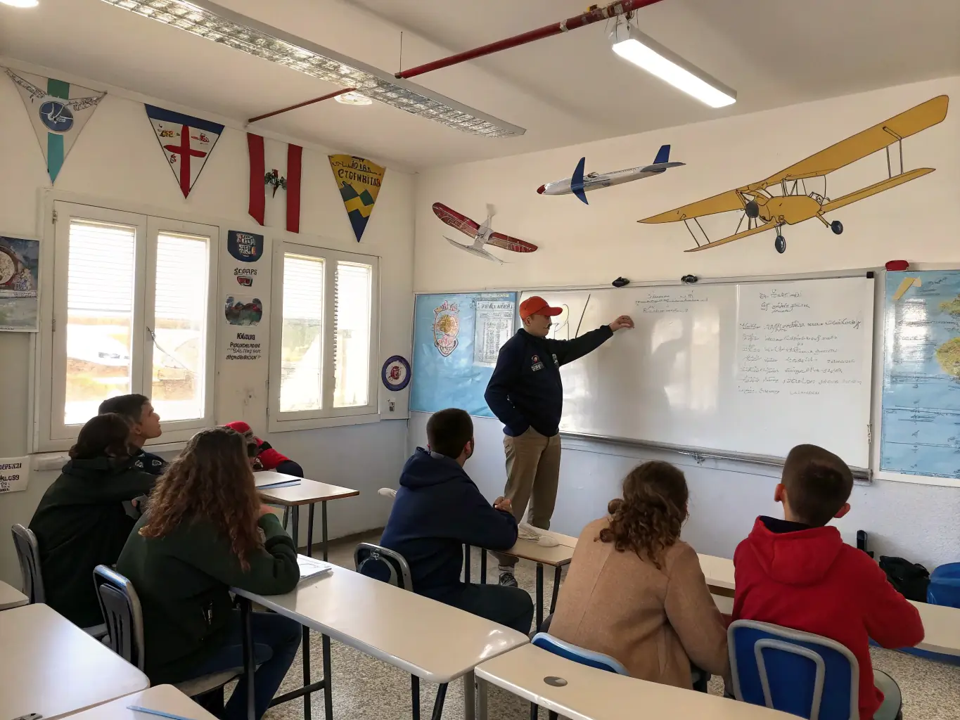 A group of students participating in an educational workshop, learning about the principles of flight and the history of aviation through hands-on activities and demonstrations.