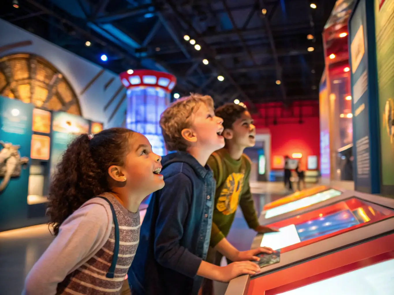 A photograph capturing a group of children excitedly gathered around a vintage aircraft exhibit during an educational tour at the aviation museum.
